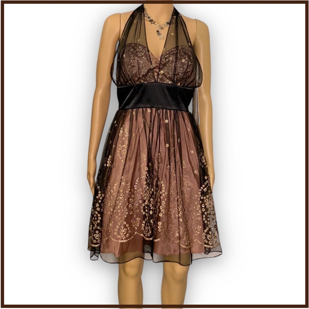 Special Occasion Mini Dress: Black, Gold with Nude Sating Underlay